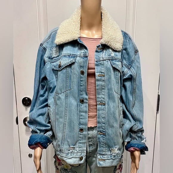 Freepeople Plaid Lined Sherpa Jean Trucker Coat Never Worn But Washed - Picture 3 of 6